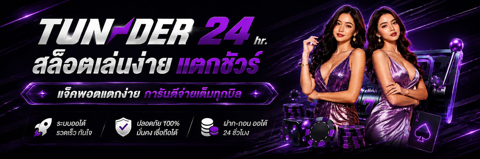 แบนเนอร์ TUNDER24HR สล็อตออนไลน์ พร้อมระบบออโต้ ฝากถอนออโต้ 24 ชั่วโมง และระบบความปลอดภัย สำหรับประกอบหน้าเว็บไซต์ปี 2026